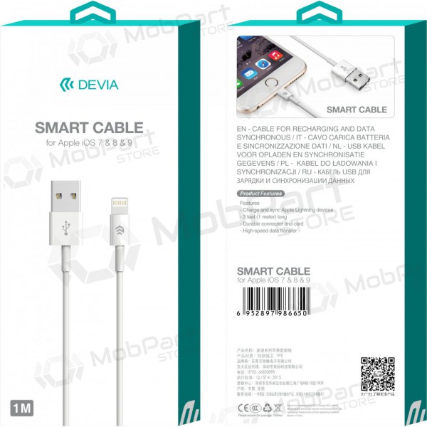 USB kabel Devia Smart Lightning 2.0m (vit)