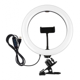 LED žiedinė lampa 26cm, su telefono laikikliu och spaustuku, USB